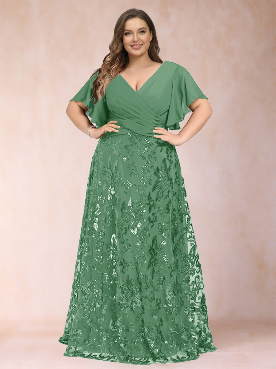 A-Line/Princess Floor-Length Short Sleeves V-Neck Plus Size Mother of the Bride Dresses