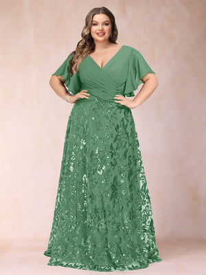 A-Line/Princess Floor-Length Short Sleeves V-Neck Plus Size Mother of the Bride Dresses