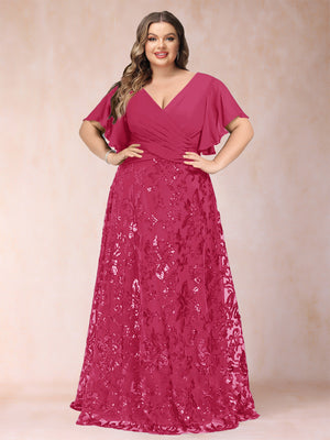 A-Line/Princess Floor-Length Short Sleeves V-Neck Plus Size Mother of the Bride Dresses