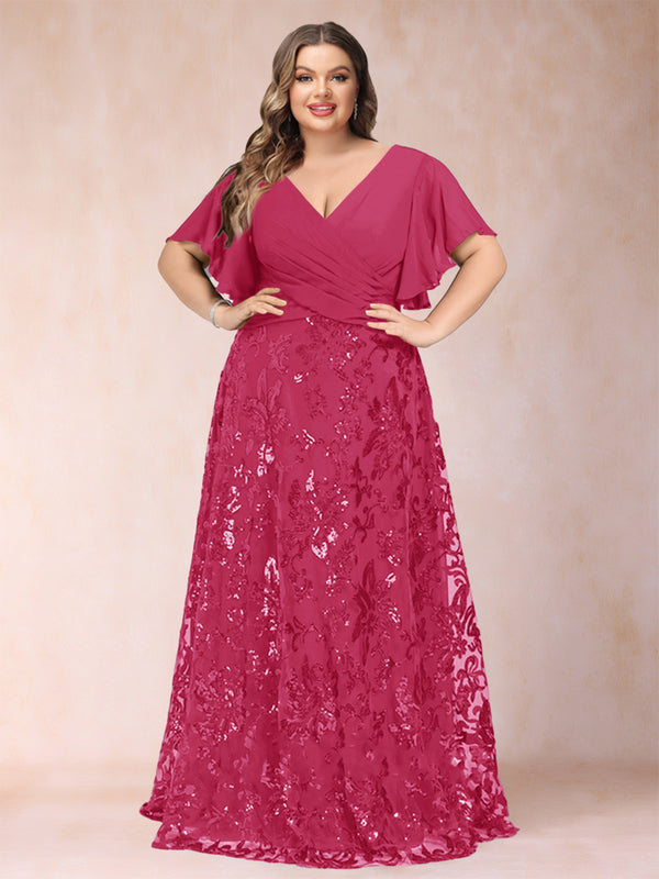 A-Line/Princess Floor-Length Short Sleeves V-Neck Plus Size Mother of the Bride Dresses