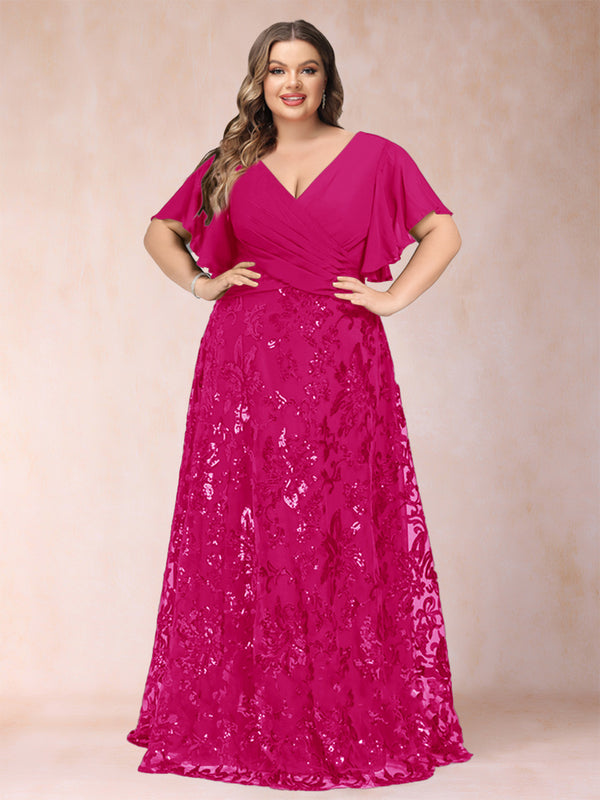 A-Line/Princess Floor-Length Short Sleeves V-Neck Plus Size Mother of the Bride Dresses