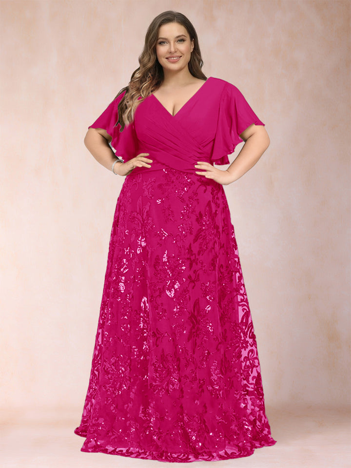A-Line/Princess Floor-Length Short Sleeves V-Neck Plus Size Mother of the Bride Dresses