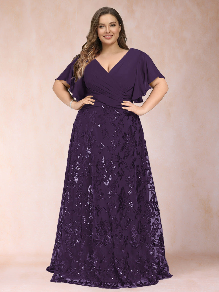 A-Line/Princess Floor-Length Short Sleeves V-Neck Plus Size Mother of the Bride Dresses
