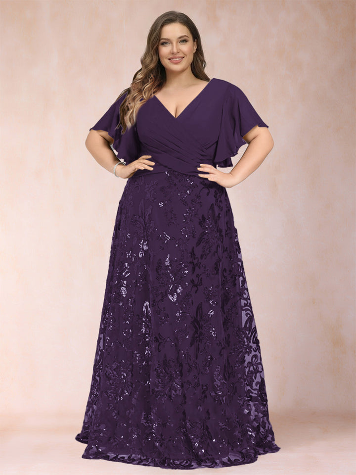 A-Line/Princess Floor-Length Short Sleeves V-Neck Plus Size Mother of the Bride Dresses