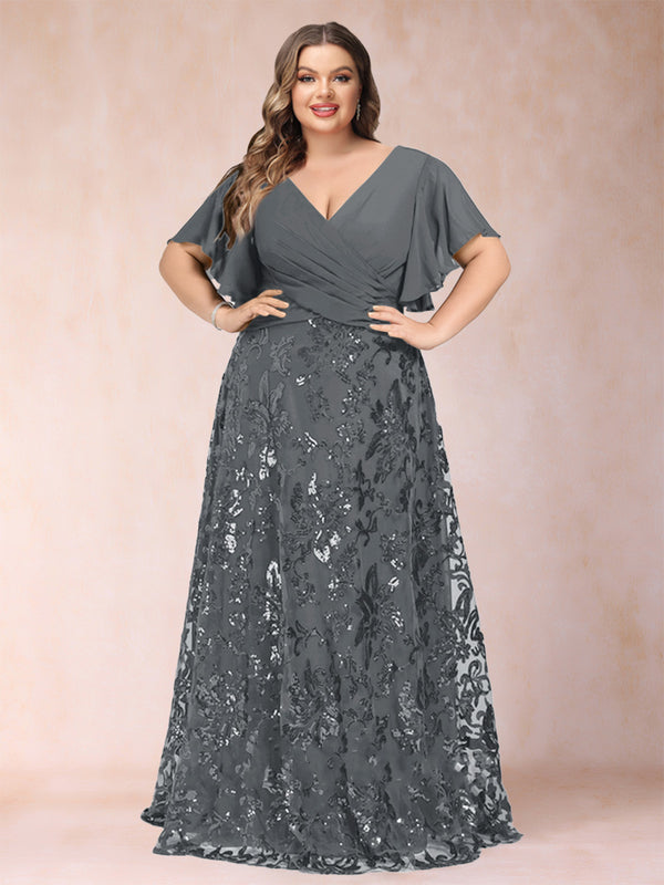 A-Line/Princess Floor-Length Short Sleeves V-Neck Plus Size Mother of the Bride Dresses