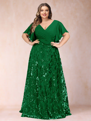 A-Line/Princess Floor-Length Short Sleeves V-Neck Plus Size Mother of the Bride Dresses