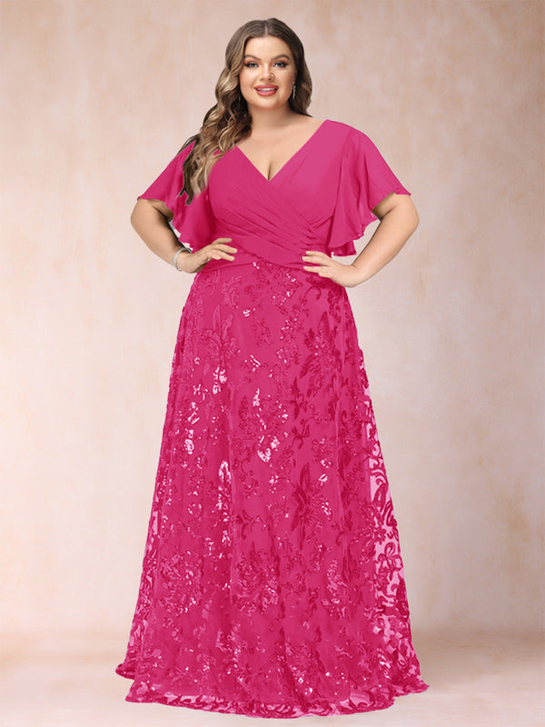 A-Line/Princess Floor-Length Short Sleeves V-Neck Plus Size Mother of the Bride Dresses