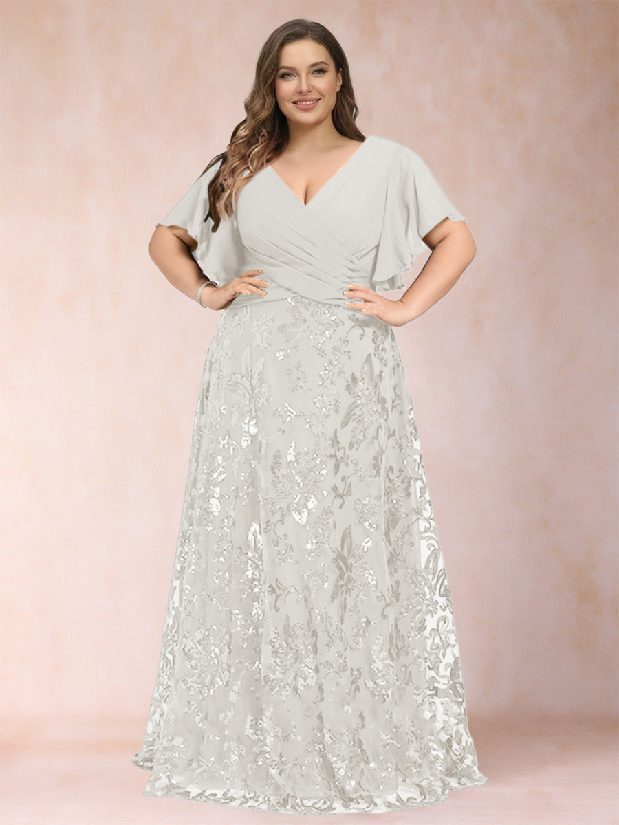 A-Line/Princess Floor-Length Short Sleeves V-Neck Plus Size Mother of the Bride Dresses