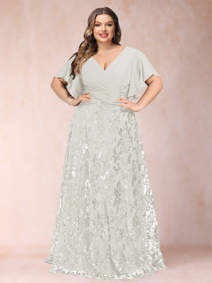 A-Line/Princess Floor-Length Short Sleeves V-Neck Plus Size Mother of the Bride Dresses