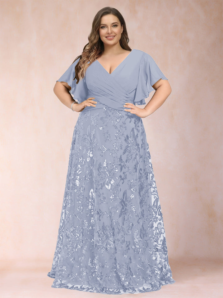A-Line/Princess Floor-Length Short Sleeves V-Neck Plus Size Mother of the Bride Dresses