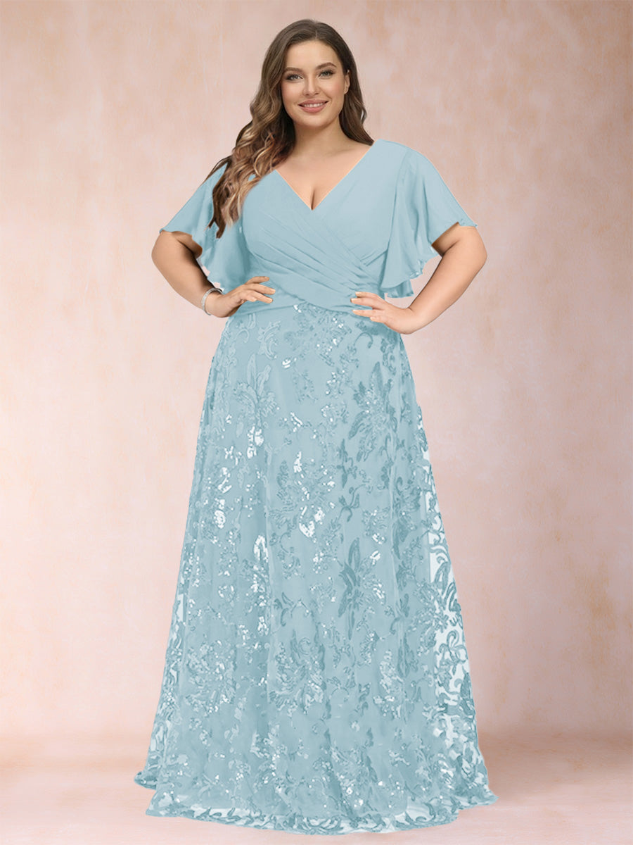 A-Line/Princess Floor-Length Short Sleeves V-Neck Plus Size Mother of the Bride Dresses