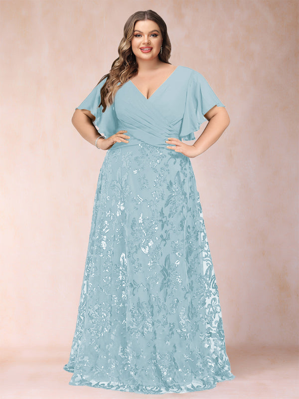 A-Line/Princess Floor-Length Short Sleeves V-Neck Plus Size Mother of the Bride Dresses