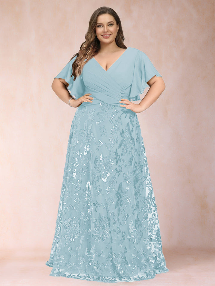 A-Line/Princess Floor-Length Short Sleeves V-Neck Plus Size Mother of the Bride Dresses
