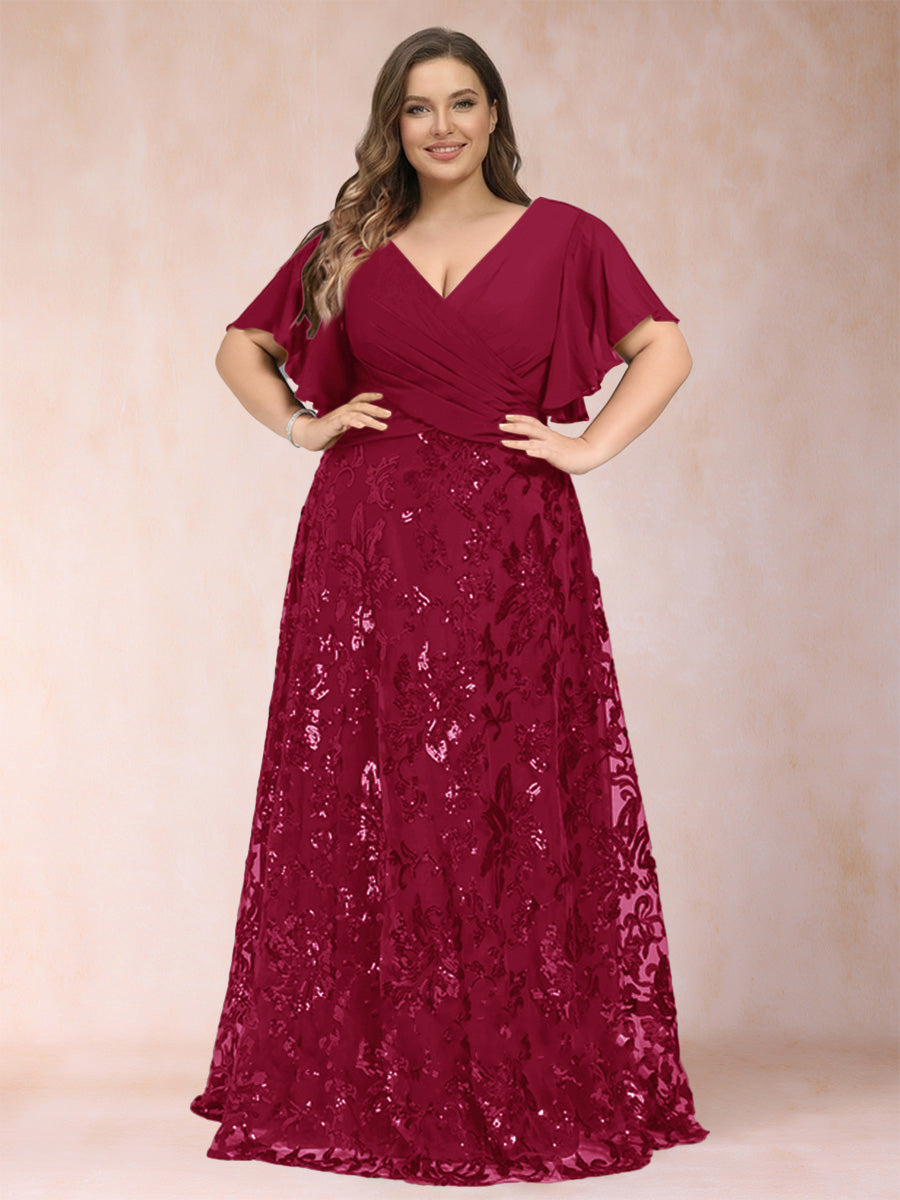 A-Line/Princess Floor-Length Short Sleeves V-Neck Plus Size Mother of the Bride Dresses