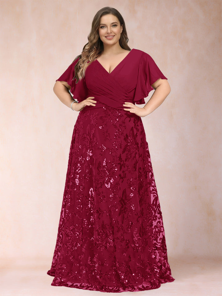 A-Line/Princess Floor-Length Short Sleeves V-Neck Plus Size Mother of the Bride Dresses