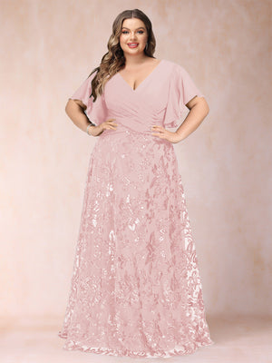 A-Line/Princess Floor-Length Short Sleeves V-Neck Plus Size Mother of the Bride Dresses