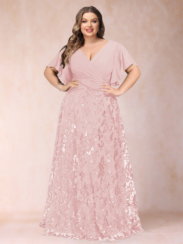 A-Line/Princess Floor-Length Short Sleeves V-Neck Plus Size Mother of the Bride Dresses