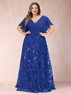 A-Line/Princess Floor-Length Short Sleeves V-Neck Plus Size Mother of the Bride Dresses