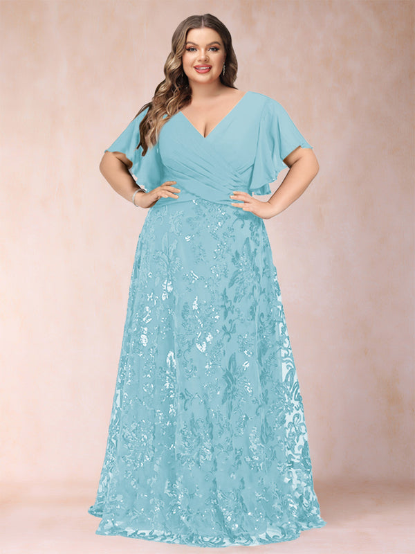 A-Line/Princess Floor-Length Short Sleeves V-Neck Plus Size Mother of the Bride Dresses