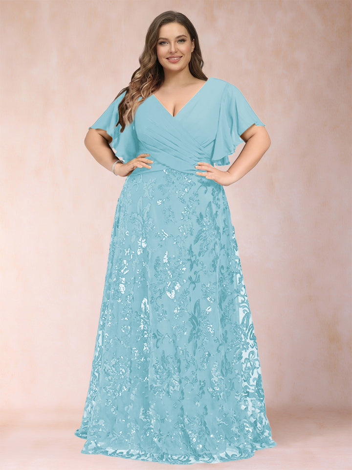 A-Line/Princess Floor-Length Short Sleeves V-Neck Plus Size Mother of the Bride Dresses
