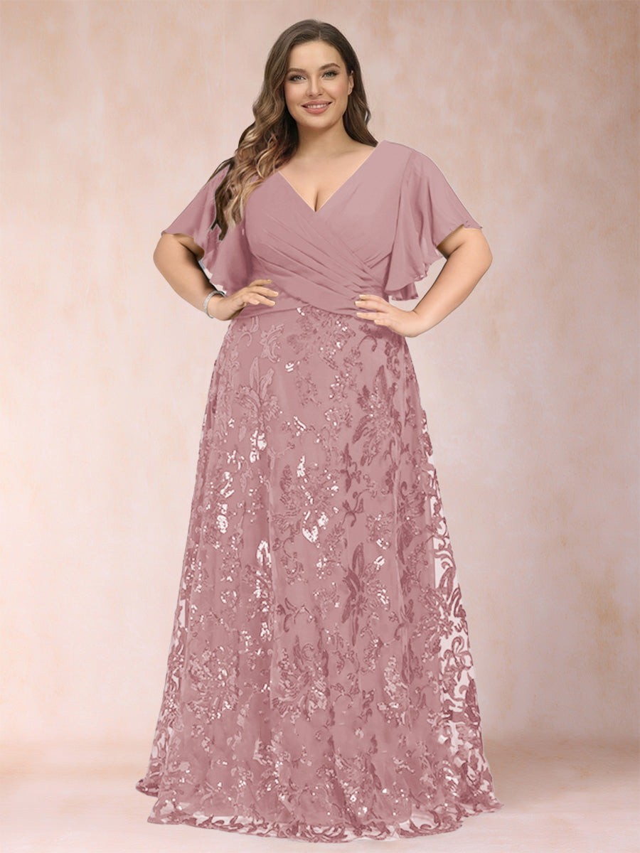 A-Line/Princess Floor-Length Short Sleeves V-Neck Plus Size Mother of the Bride Dresses