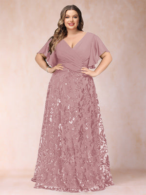 A-Line/Princess Floor-Length Short Sleeves V-Neck Plus Size Mother of the Bride Dresses