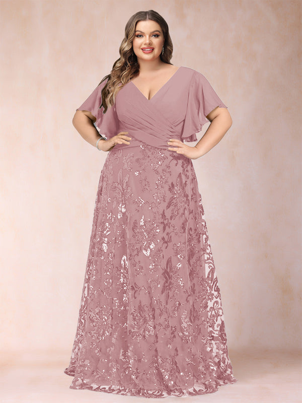 A-Line/Princess Floor-Length Short Sleeves V-Neck Plus Size Mother of the Bride Dresses
