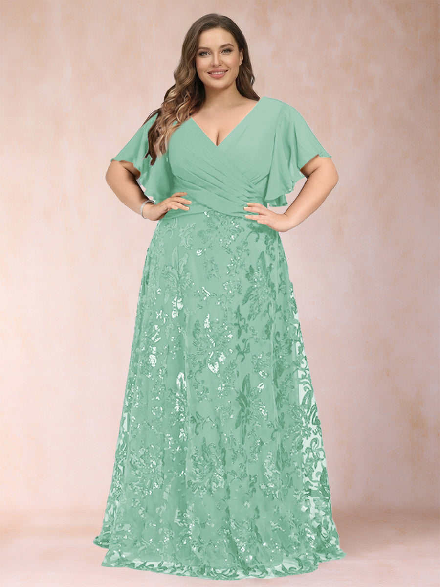 A-Line/Princess Floor-Length Short Sleeves V-Neck Plus Size Mother of the Bride Dresses
