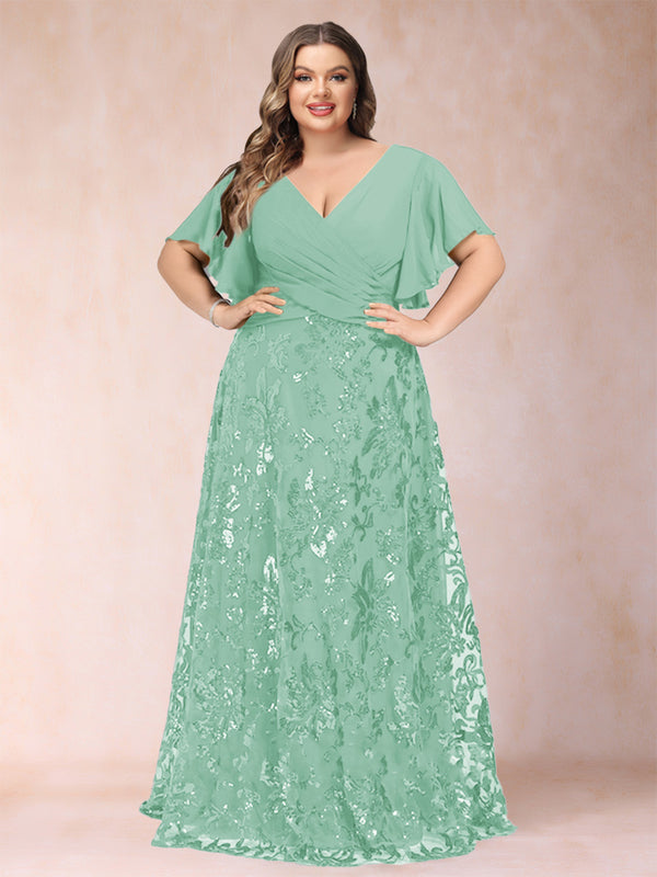 A-Line/Princess Floor-Length Short Sleeves V-Neck Plus Size Mother of the Bride Dresses