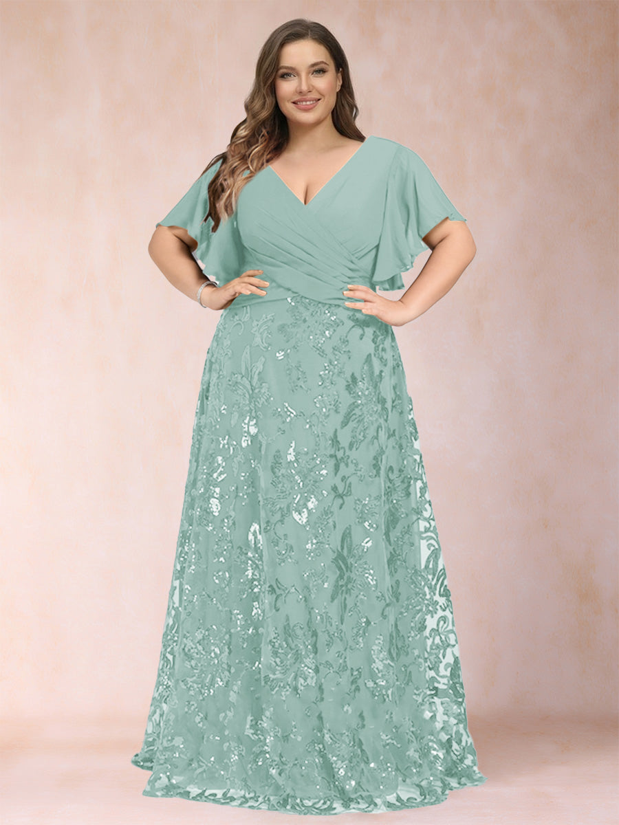 A-Line/Princess Floor-Length Short Sleeves V-Neck Plus Size Mother of the Bride Dresses