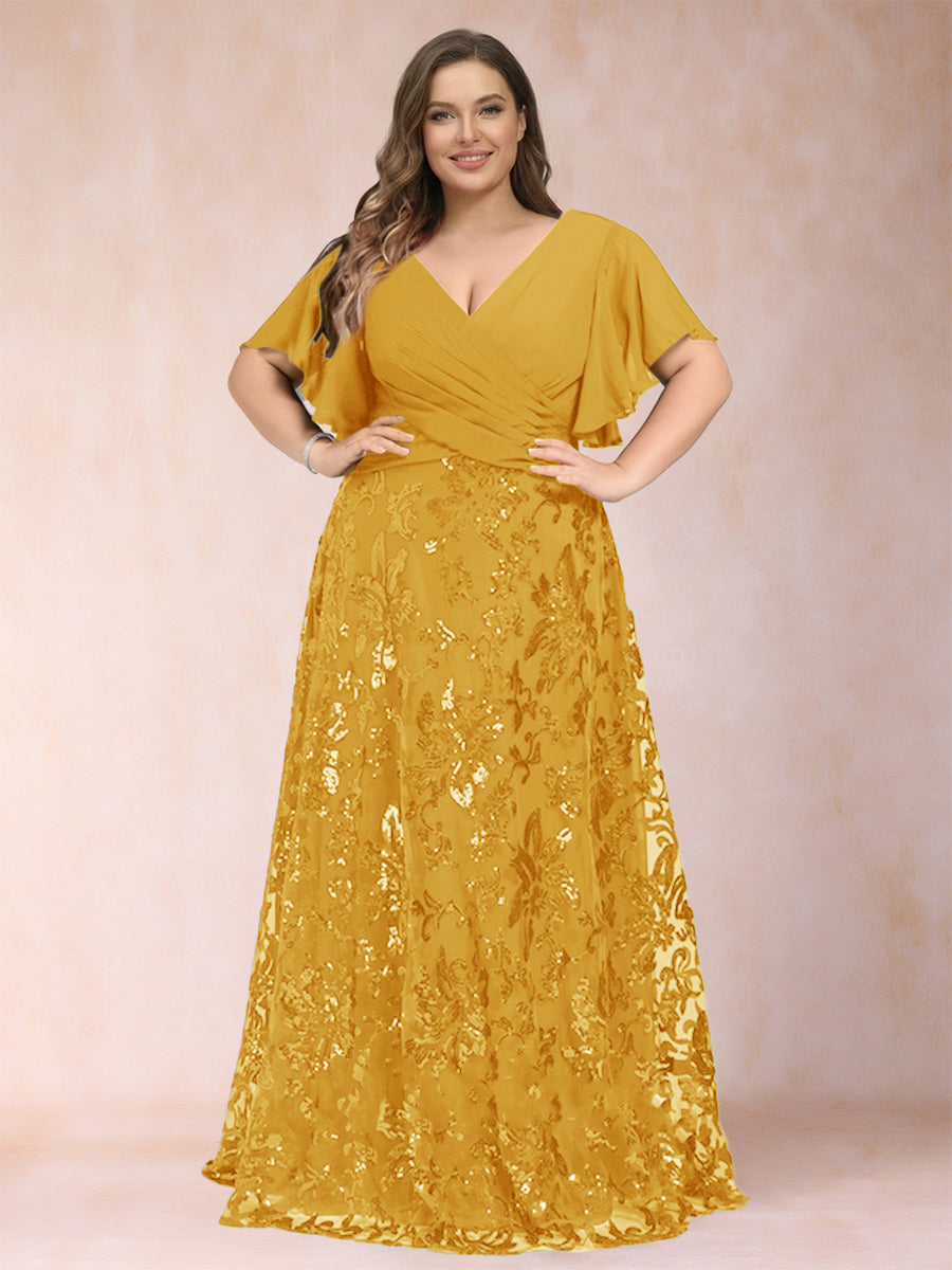 A-Line/Princess Floor-Length Short Sleeves V-Neck Plus Size Mother of the Bride Dresses