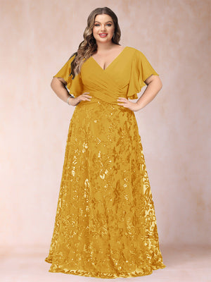 A-Line/Princess Floor-Length Short Sleeves V-Neck Plus Size Mother of the Bride Dresses