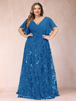 A-Line/Princess Floor-Length Short Sleeves V-Neck Plus Size Mother of the Bride Dresses