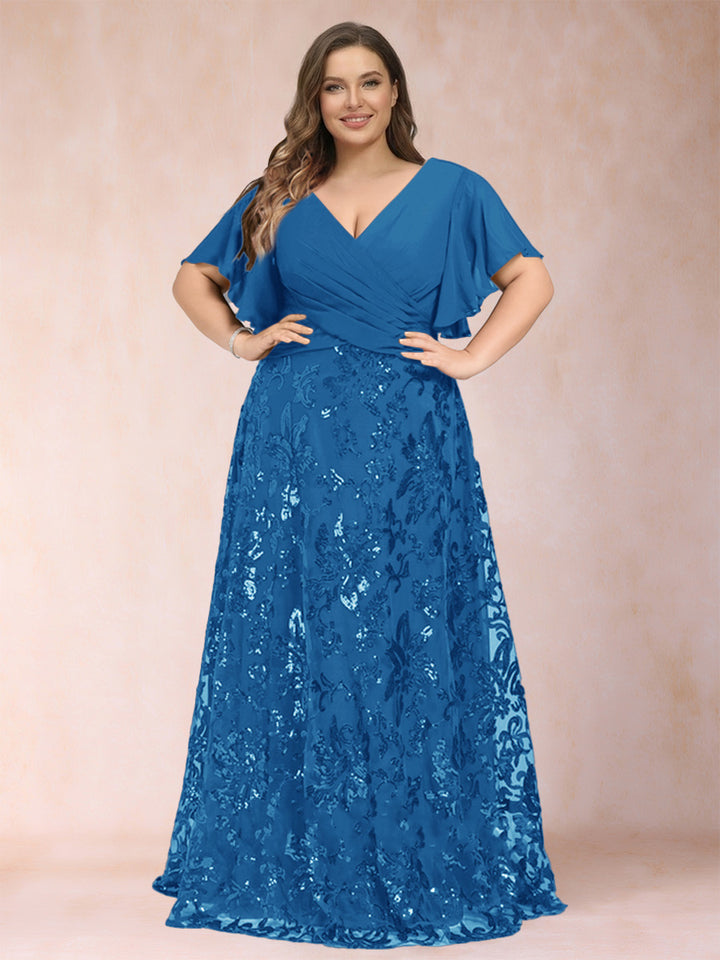 A-Line/Princess Floor-Length Short Sleeves V-Neck Plus Size Mother of the Bride Dresses