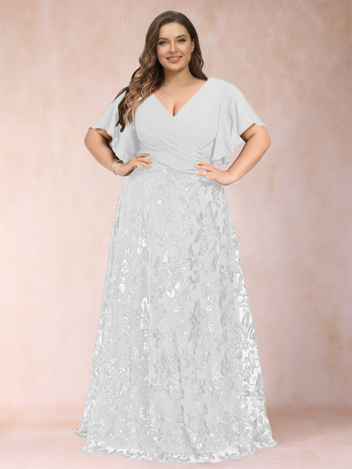 A-Line/Princess Floor-Length Short Sleeves V-Neck Plus Size Mother of the Bride Dresses