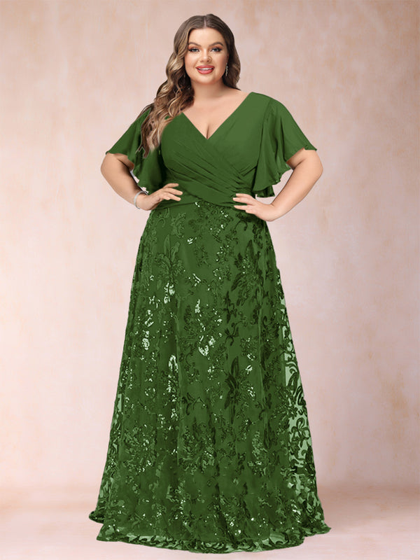 A-Line/Princess Floor-Length Short Sleeves V-Neck Plus Size Mother of the Bride Dresses