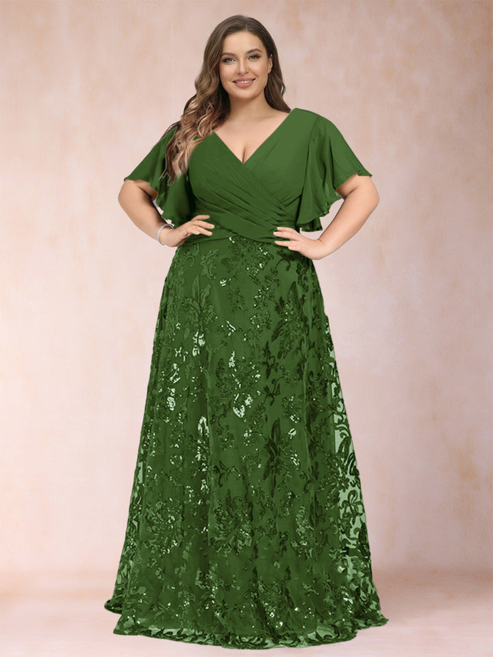 A-Line/Princess Floor-Length Short Sleeves V-Neck Plus Size Mother of the Bride Dresses