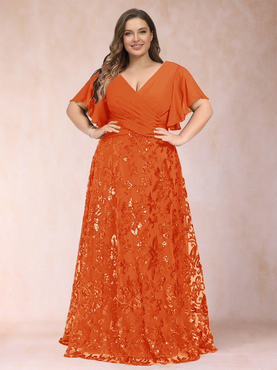 A-Line/Princess Floor-Length Short Sleeves V-Neck Plus Size Mother of the Bride Dresses