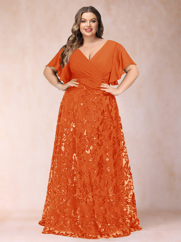 A-Line/Princess Floor-Length Short Sleeves V-Neck Plus Size Mother of the Bride Dresses