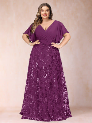 A-Line/Princess Floor-Length Short Sleeves V-Neck Plus Size Mother of the Bride Dresses