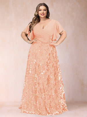 A-Line/Princess Floor-Length Short Sleeves V-Neck Plus Size Mother of the Bride Dresses