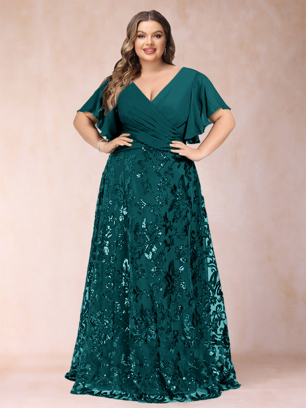 A-Line/Princess Floor-Length Short Sleeves V-Neck Plus Size Mother of the Bride Dresses
