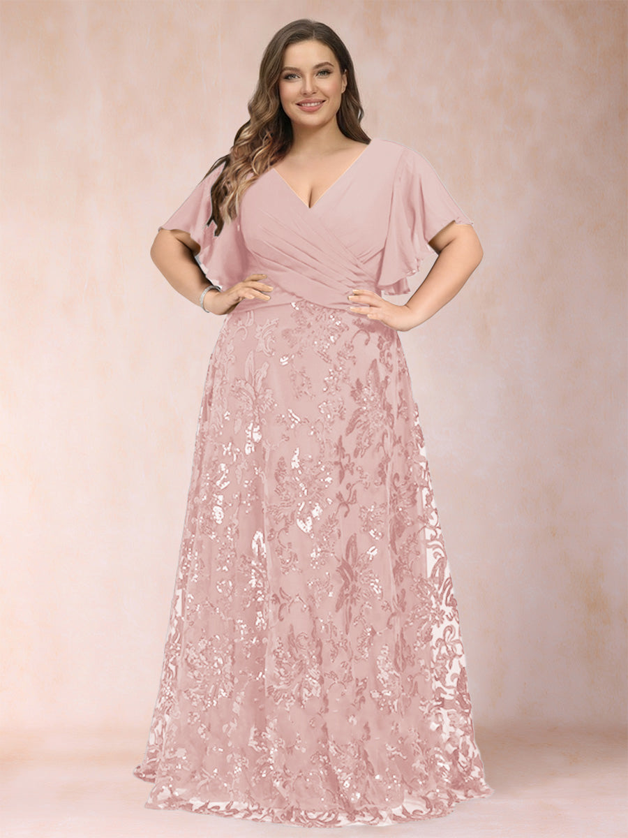 A-Line/Princess Floor-Length Short Sleeves V-Neck Plus Size Mother of the Bride Dresses
