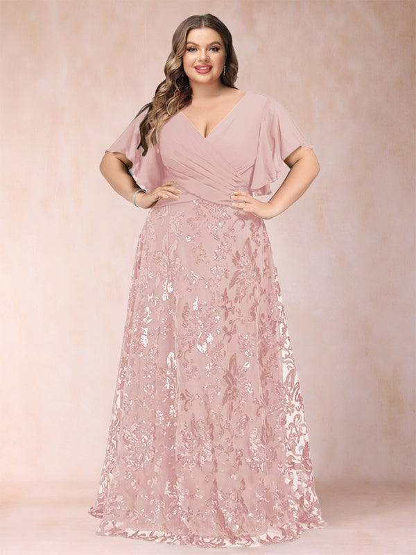 A-Line/Princess Floor-Length Short Sleeves V-Neck Plus Size Mother of the Bride Dresses