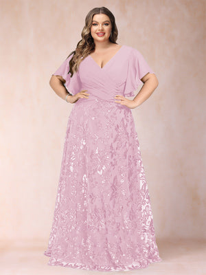 A-Line/Princess Floor-Length Short Sleeves V-Neck Plus Size Mother of the Bride Dresses