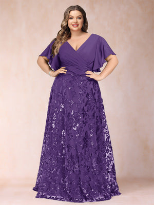 A-Line/Princess Floor-Length Short Sleeves V-Neck Plus Size Mother of the Bride Dresses