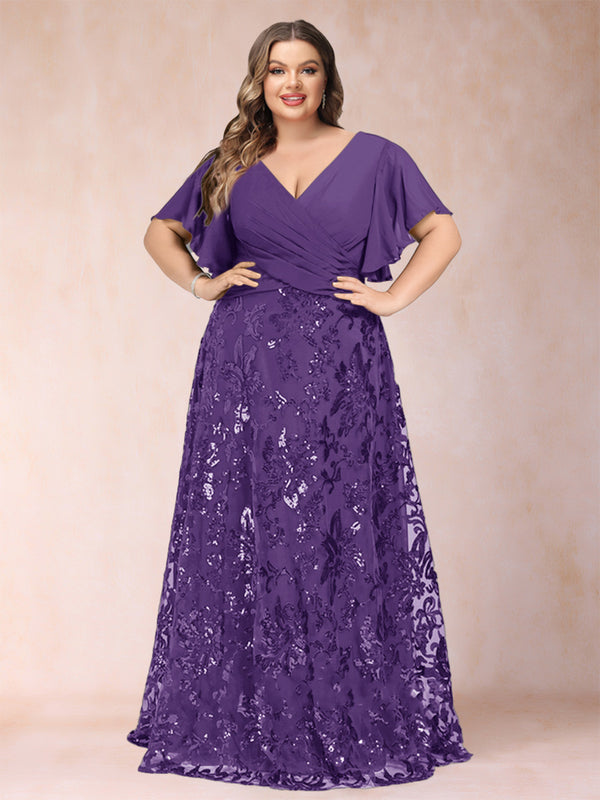 A-Line/Princess Floor-Length Short Sleeves V-Neck Plus Size Mother of the Bride Dresses