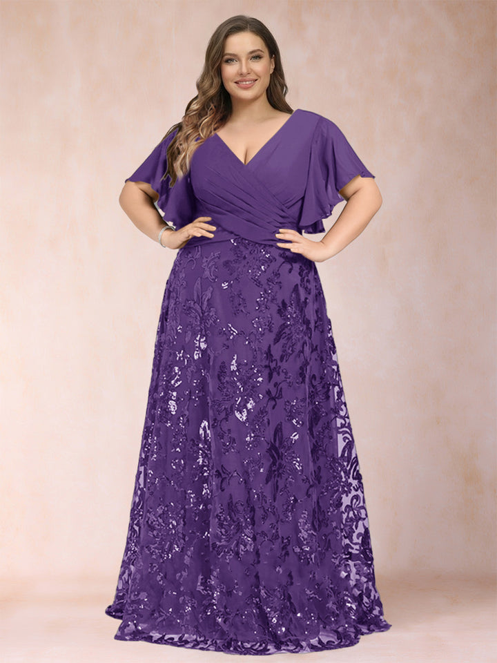 A-Line/Princess Floor-Length Short Sleeves V-Neck Plus Size Mother of the Bride Dresses
