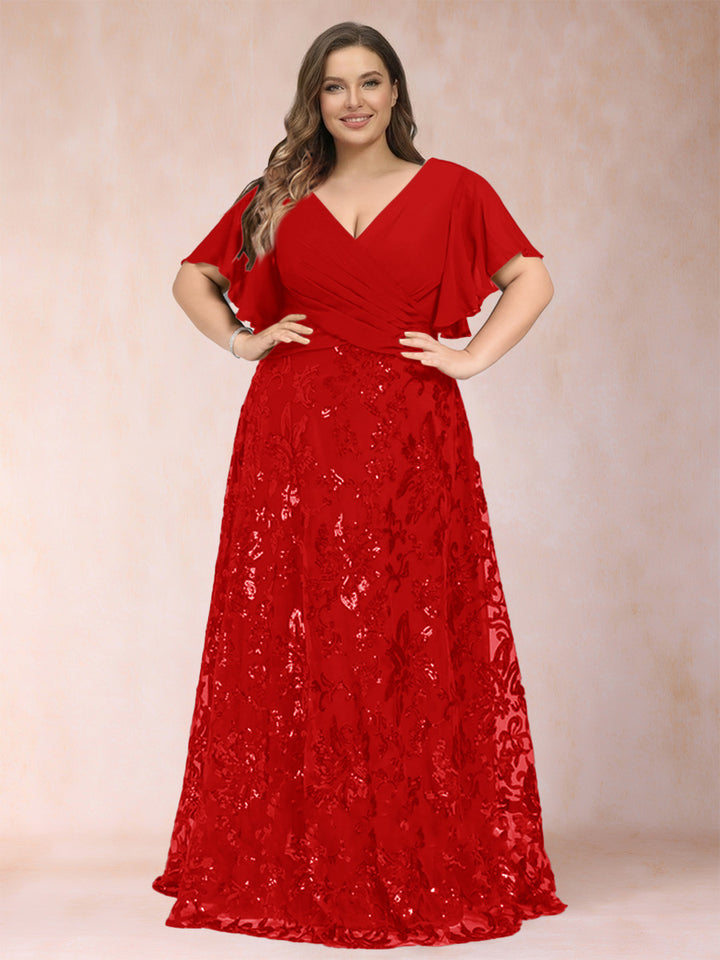A-Line/Princess Floor-Length Short Sleeves V-Neck Plus Size Mother of the Bride Dresses