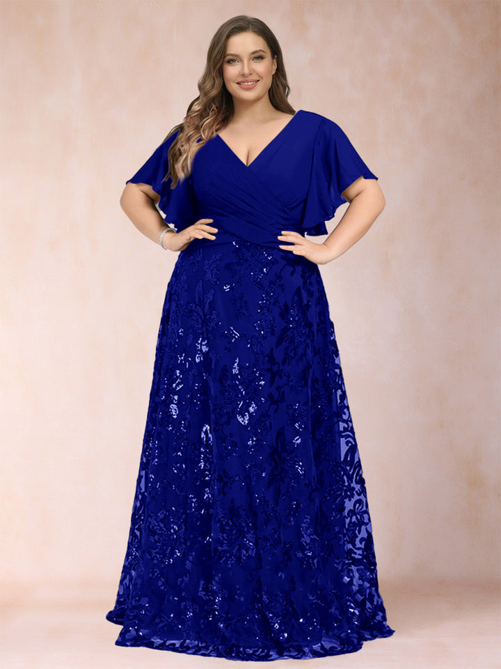 A-Line/Princess Floor-Length Short Sleeves V-Neck Plus Size Mother of the Bride Dresses